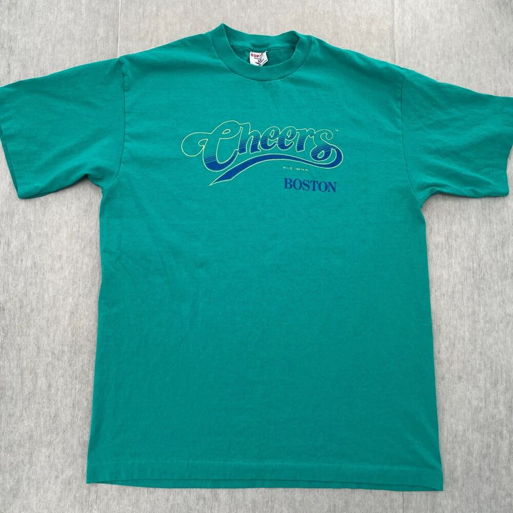 VINTAGE Cheers Boston Shirt Adult XL Aqua Green Sitcom TV Show Bar Logo Mens 90s